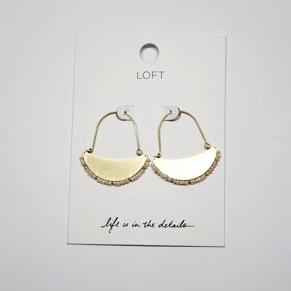 Loft Half-Moon Brushed Gold-Tone Earrings w/Pearl Beads Trim